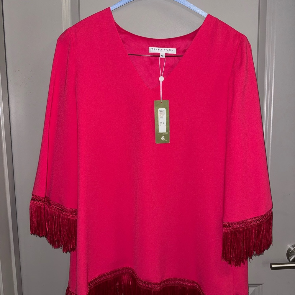 Trina Turk Fuchsia Fringed V-Neck Blouse